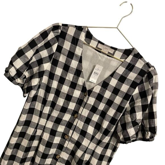 Ann Taylor Loft Black & White Gingham Button V-Neck Dress Size 12 NWT - Picture 2 of 6